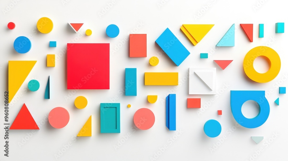 Poster dynamic geometric shapes in vibrant colors--triangles, rectangles, and hexagons--arranged by size on