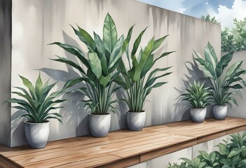 A modern concrete wall with potted plants in the foreground, surrounded by lush greenery and a wooden walkway