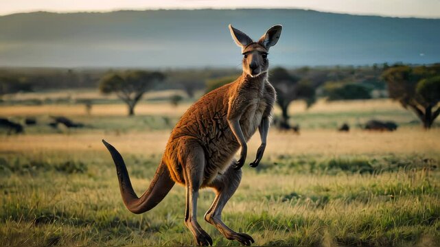 A majestic wild kangaroo captured mid-jump in the outback field during sunset, highlighting wildlife and nature