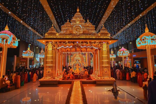 Dussehra pandal temporary pavilion artwork and lighting. The setting should reflect the grandeur of the festival, with traditional decorations and a large crowd enjoying the festivities