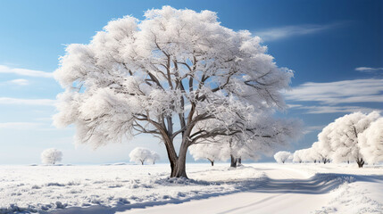 Fototapeta premium A snow covered tree with fluttering snowflakes on a white background