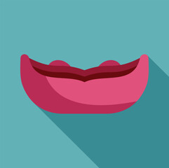 Pink wooden canoe floating on water surface icon in flat style with long shadow