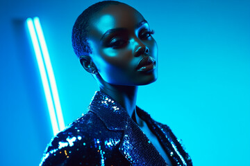 Woman in Sequined Black Jacket with Solid Neon Blue Background Fashion Lifestyle Portrait, Bold and Modern