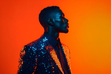 Men in Sequined Navy Suit with Solid Neon Orange Background Fashion Lifestyle Portrait, Modern and Stylish