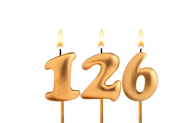 Golden candle number 126 - Birthday on white background