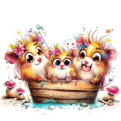 Obraz premium Cute Cartoon Guinea Pigs in a Wooden Tub with Flowers and Mushrooms