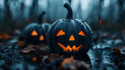 Fototapeta premium Halloween Pumpkins The Forest Night.Halloween