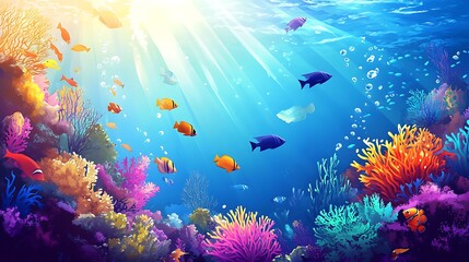 Naklejka premium Vibrant Coral Reef with Colorful Fish and Sunbeams