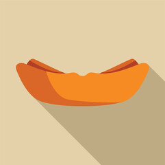 Simple vector illustration of a fresh hot dog with mustard in a bun, isolated on a light brown background with a long shadow