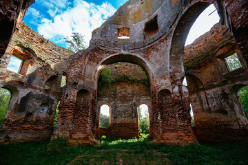 Old ruins of Church. Abandoned Church of the Intercession of the Holy Virgin church in Cherepovo,...