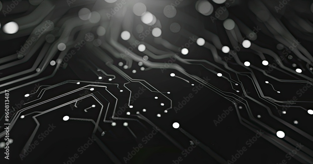 Poster a close-up view of a circuit board with intricate lines and glowing nodes, symbolizing technology an