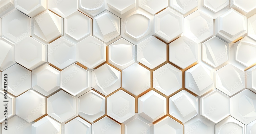Poster a close-up view of a geometric pattern featuring interlocking white hexagons with a glossy finish, c