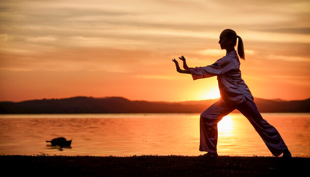 Silhouette of a woman doing taichi - Powered by Adobe