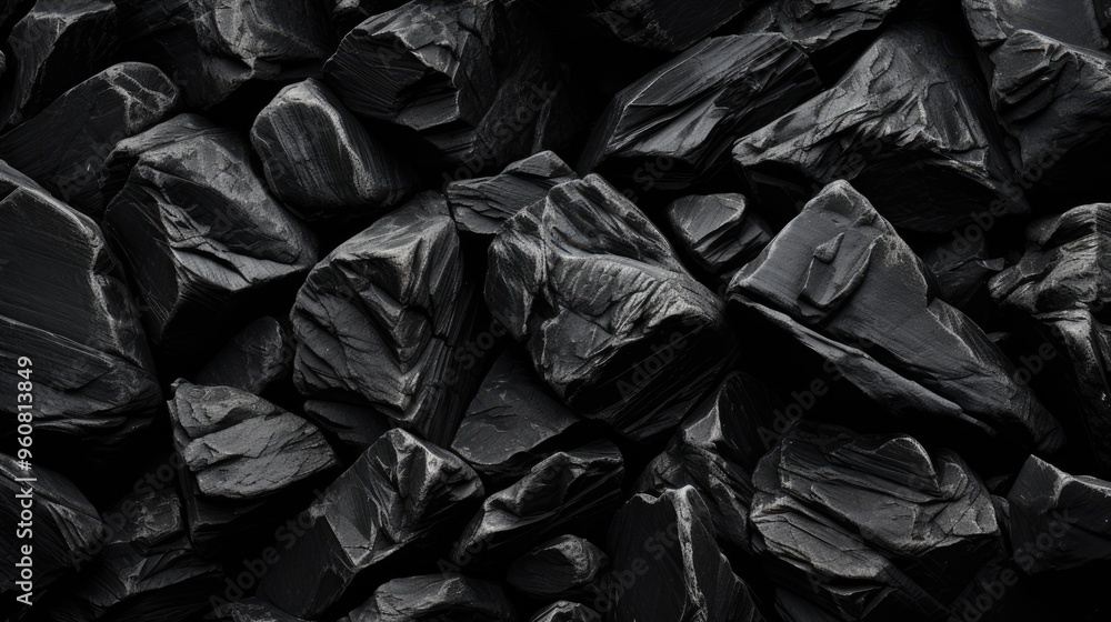 Poster a close-up view of a pile of black rocks, showcasing their rough texture and angular shapes.