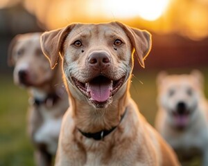 Fototapeta premium Dog park with playful dogs, lively and joyful, Urban, Soft greens, Photograph, Pet fun