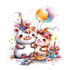 Naklejka premium Cute Cartoon Pigs Celebrating Birthday with Cake and Balloons