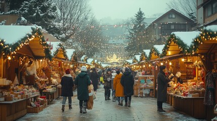 Obraz premium A charming vintage-style Christmas market with old-fashioned stalls, twinkling lights