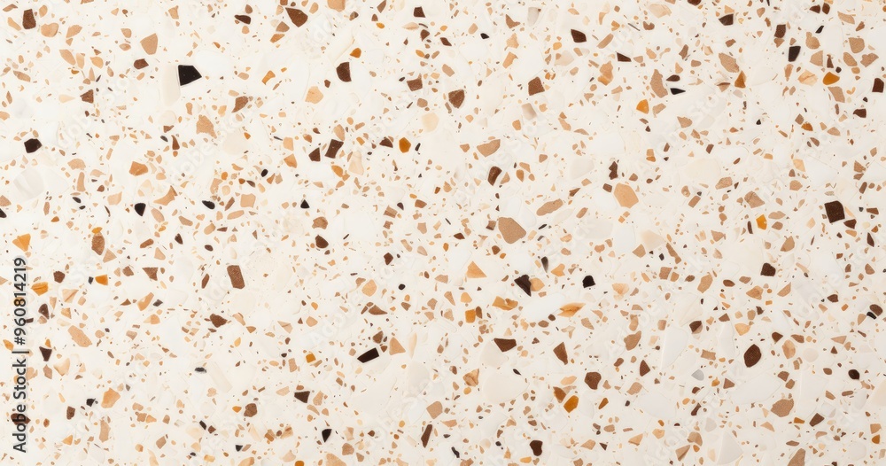 Poster a close-up view of a terrazzo surface featuring a mix of light and dark fragments in various shapes 