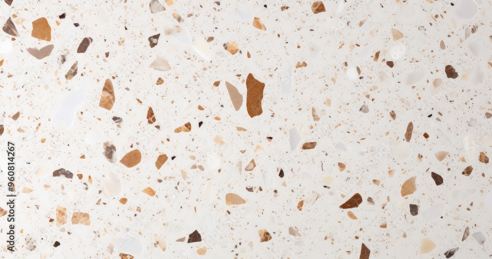 Poster a close-up view of a terrazzo surface featuring a mix of light and dark stones, creating a textured 