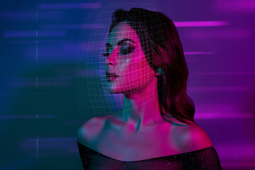 Creative collage image of elegant lady dace scanning identification discotheque vivid neon...