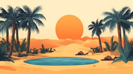 Obraz premium Oasis with Palm Trees and Camels at Sunset