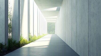 Obraz premium Modern Concrete Corridor with Sunlight and Greenery