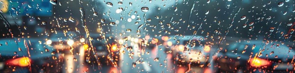 Intense rainfall on a roadway, capturing vehicles and raindrops on the windshield.