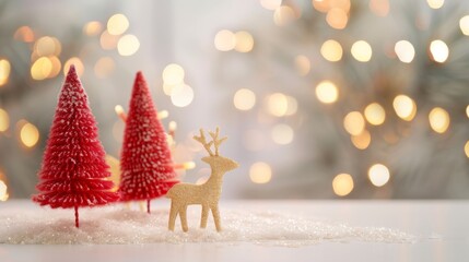 Christmas deer decoration with red trees on bokeh background