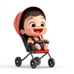 3D cartoon, close-up face a cute baby is happy in the stroller. on a solid white background