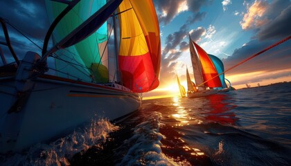 Sailing regatta with colorful sails, dynamic and competitive, Coastal, Bright colors, Photograph, Maritime sport