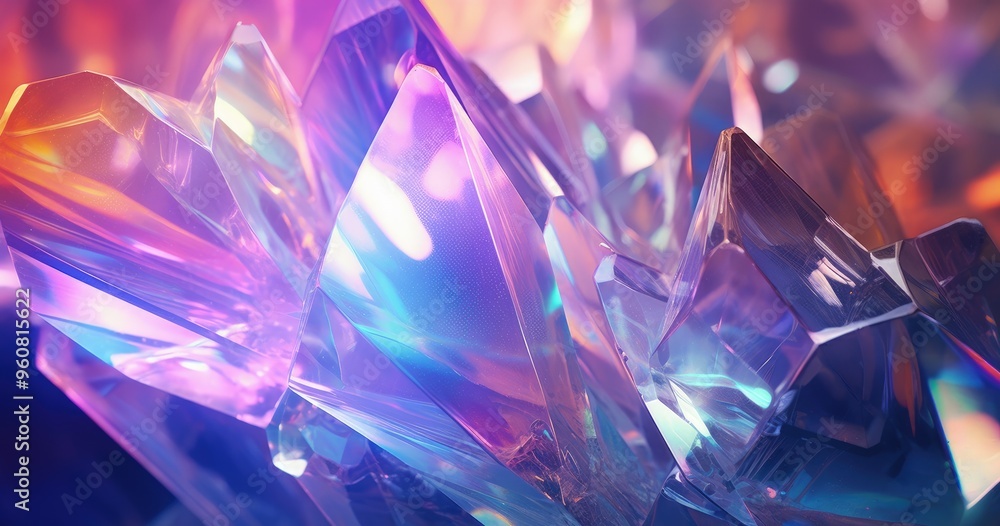 Poster a close-up view of colorful, iridescent crystals reflecting light, creating a vibrant and mesmerizin