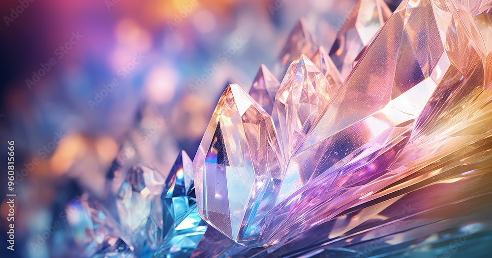 Poster a close-up view of colorful, shimmering crystals reflecting light, creating a vibrant and enchanting