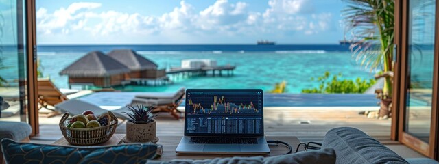 Wealthy crypto: a stock chart laptop in a luxury flat in a resort town, concept of crypto earnings, highlighting fusion of digital wealth accumulation and upscale lifestyle idyllic resort settings.