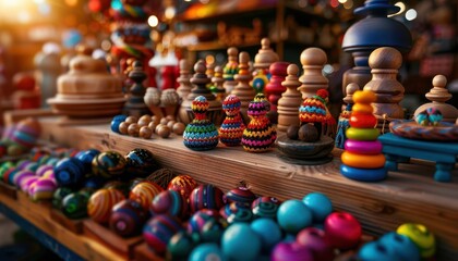 Fototapeta premium Toy workshop with handcrafted toys, playful and artistic, Artisan, Bright colors, Photograph, Handmade detail