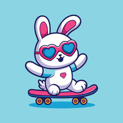 Cute Rabbit Playing Skateboard And Wearing Glasses Cartoon Vector Icon Illustration. Isolated Flat Cartoon Style