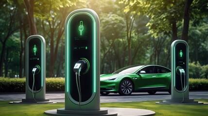 EV charging stations in eco-friendly park, energy technological advance