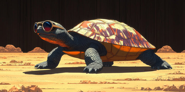 A tortoise wearing sunglasses walks across a sandy desert.