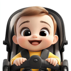 3D cartoon, close-up face a cute baby is happy in the stroller. on a solid white background
