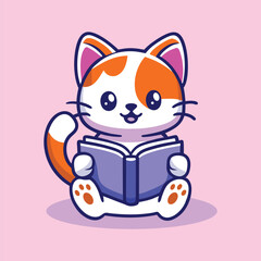 Cute Cat Reading Book Cartoon Vector Icon Illustration. Isolated Flat Cartoon Style