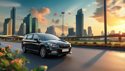 Black Luxury SUV Parked on an Urban Bridge with a City Skyline in the Background