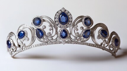 silver tiara set with diamonds and sapphires on a white