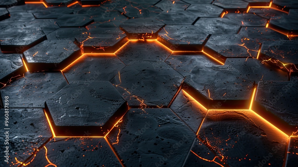 Poster a close-up view of hexagonal tiles with glowing lava cracks, creating a dramatic and fiery visual ef