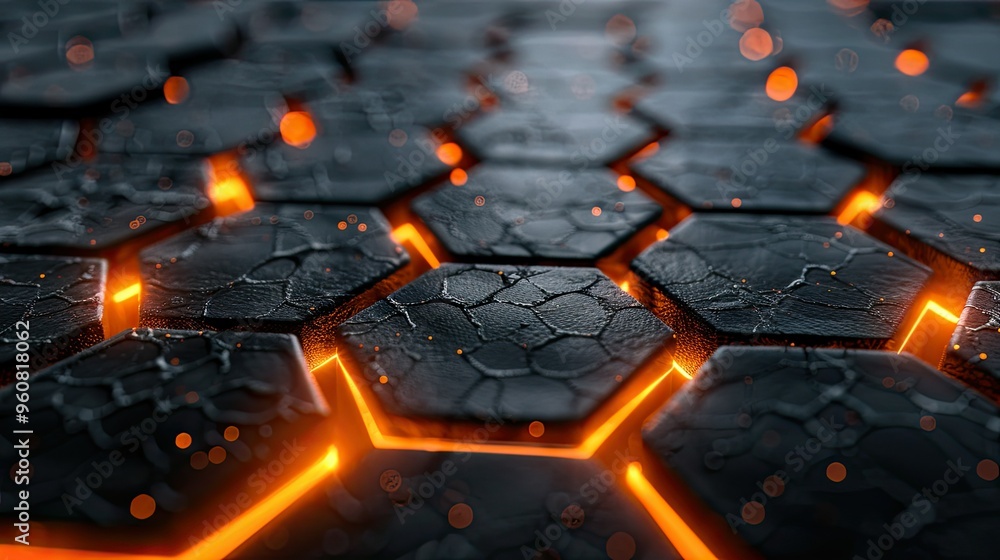 Poster a close-up view of hexagonal tiles with glowing orange cracks, creating a futuristic and dynamic sur