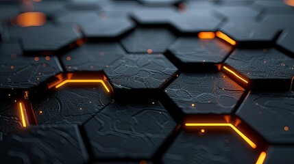 Obraz premium A close-up view of hexagonal tiles with glowing orange lines, creating a modern, high-tech aesthetic.