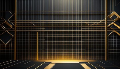 Dark futuristic grid-like room with golden lines, creating a digital and geometric environment.
