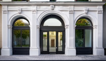 A classical building entrance with tall white columns and large arched windows.