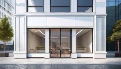 A modern glass building entrance with large windows and minimalist architectural design.
