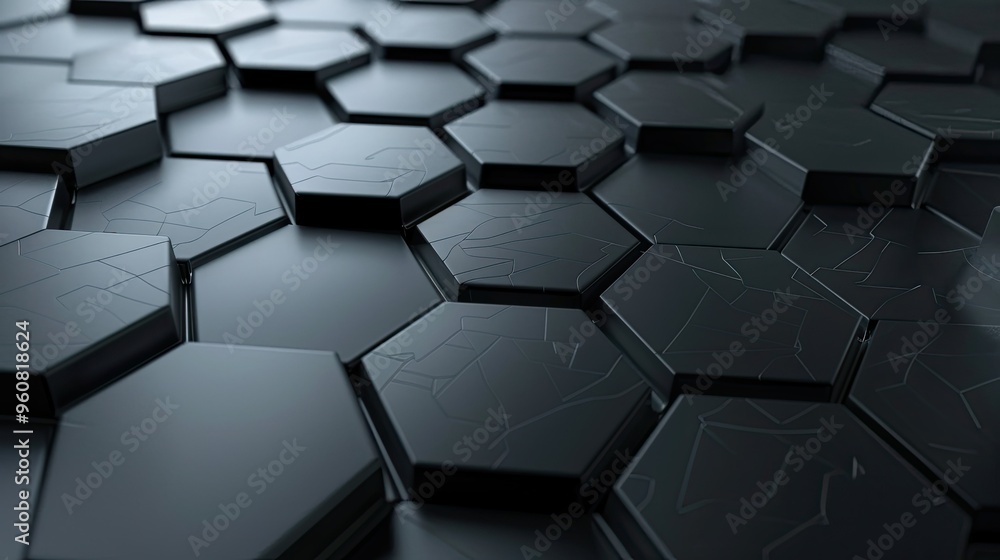 Poster a close-up view of interlocking black hexagonal tiles, showcasing a sleek, modern design with subtle