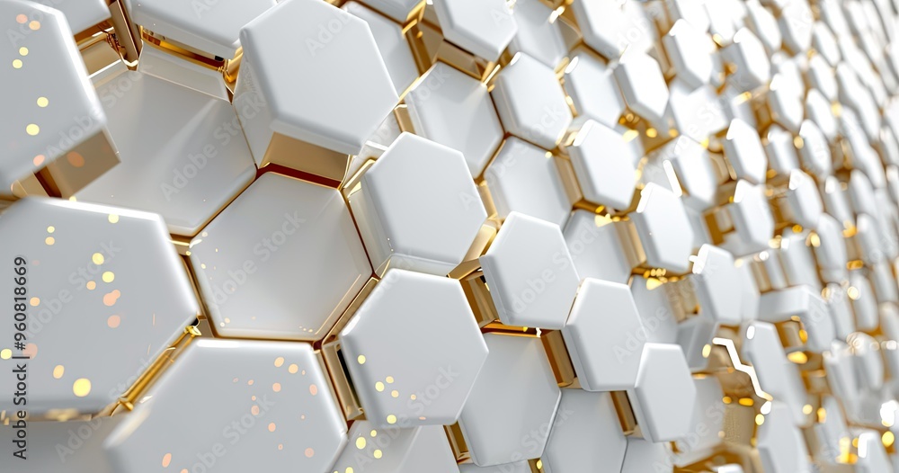 Poster a close-up view of interlocking hexagonal shapes in white and gold, showcasing a modern and sleek de