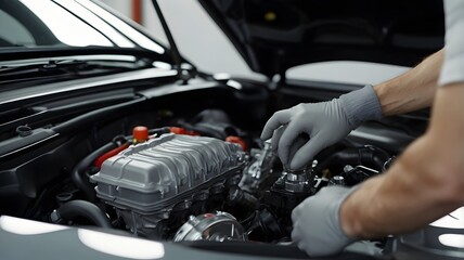 man's hand in a glove conducting a meticulous inspection of the car engine and hood interior